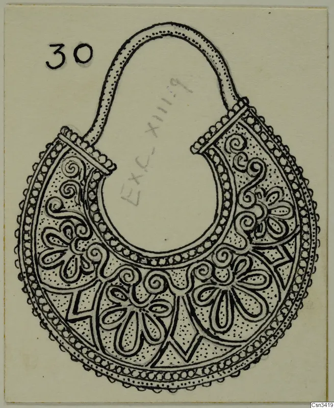 Ink drawing of a crescent-shaped pendant with a loop at the top and a beaded border