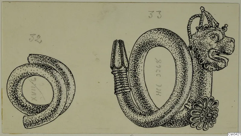 Field drawing of two gold rings, one with an animal-headed terminal and a rosette ornament at the end
