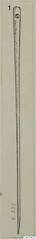 Drawing of a long, slender pin with a small hole at its rounded top end, tapering to a point