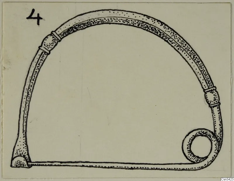 Field drawing of a curved object with a spiral end and two collar bands