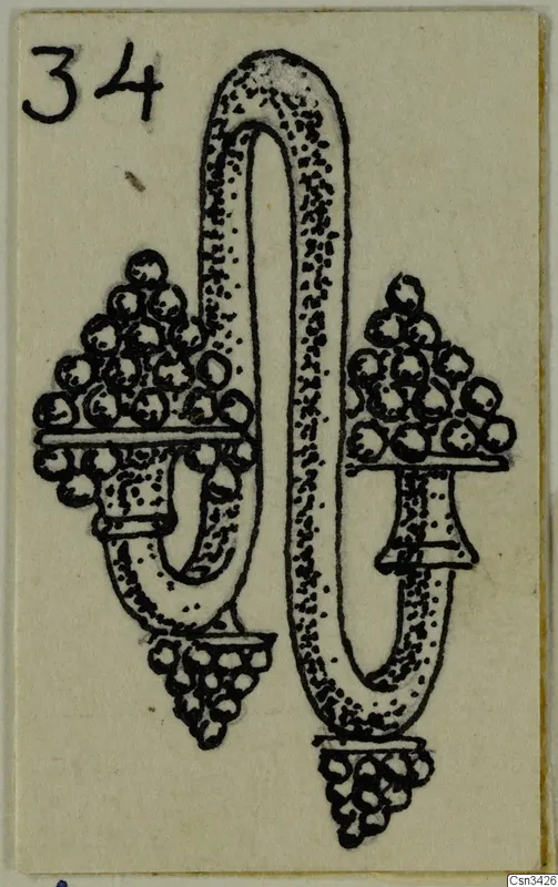 Ink drawing of a gold earring with a looped wire and two clusters of granules at its ends