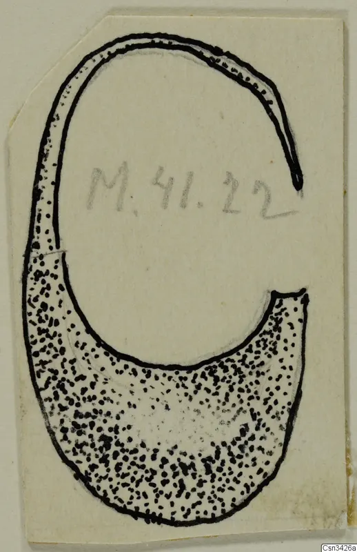 Ink drawing of a crescent-shaped gold ring or pendant from Marion