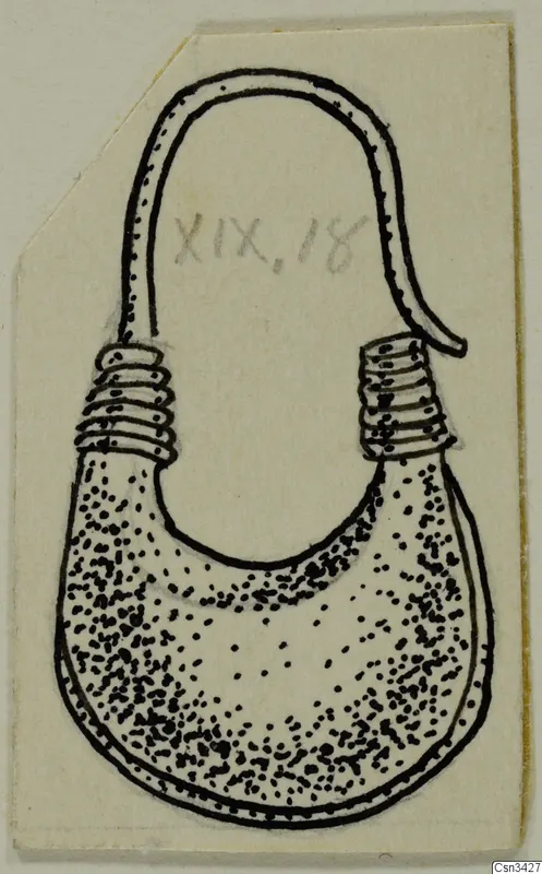 Drawing of a gold pendant with a hooked upper end and two coiled bands at the junction