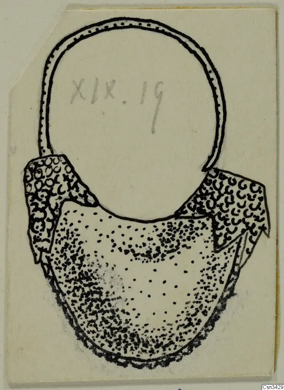 Ink drawing of a pendant with a large loop at the top and a stippled crescent-shaped lower part