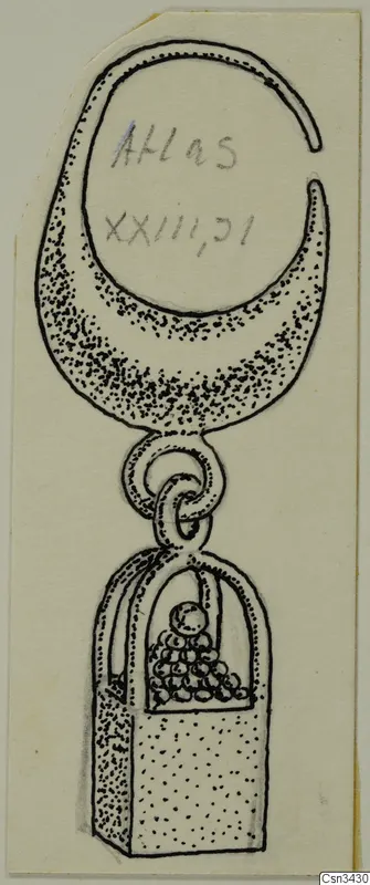 Drawing of a jewellery pendant: a crescent-shaped loop linked by a small ring to a box-shaped drop filled with granules.
