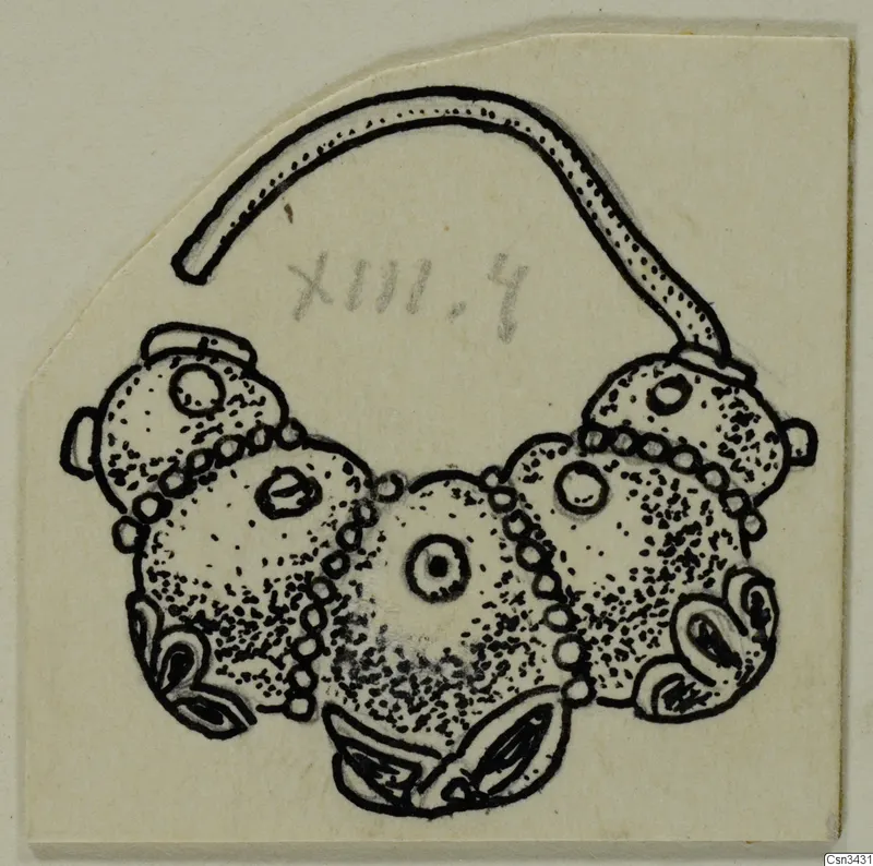 Drawing of a gold jewellery piece: a curved wire arc above a cluster of domed, dotted bosses with bead rows and spiral loops.