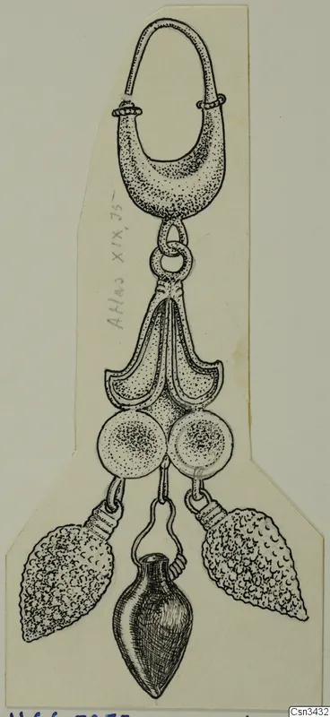 Ink drawing of a gold jewellery piece with a loop at the top and three hanging pendants