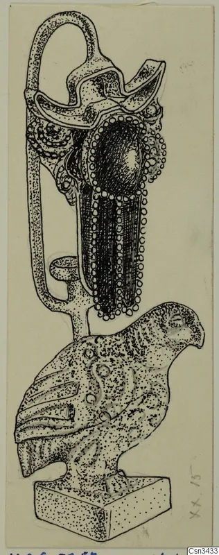 Ink drawing of a gold object: a looped-handled vessel with a beaded rim above a bird figure on a square base.