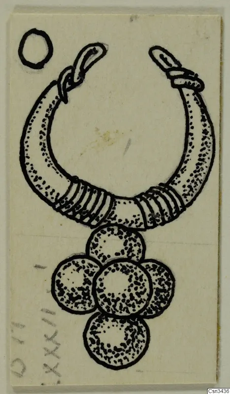 Ink drawing of a gold hoop ornament with coiled bands and five round pendant discs hanging below