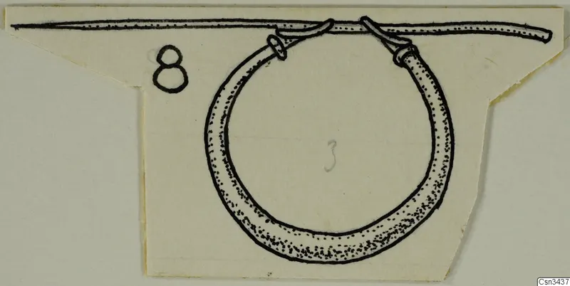 Drawing of a hoop ring and a long pin threaded through it, on a cut card with number labels
