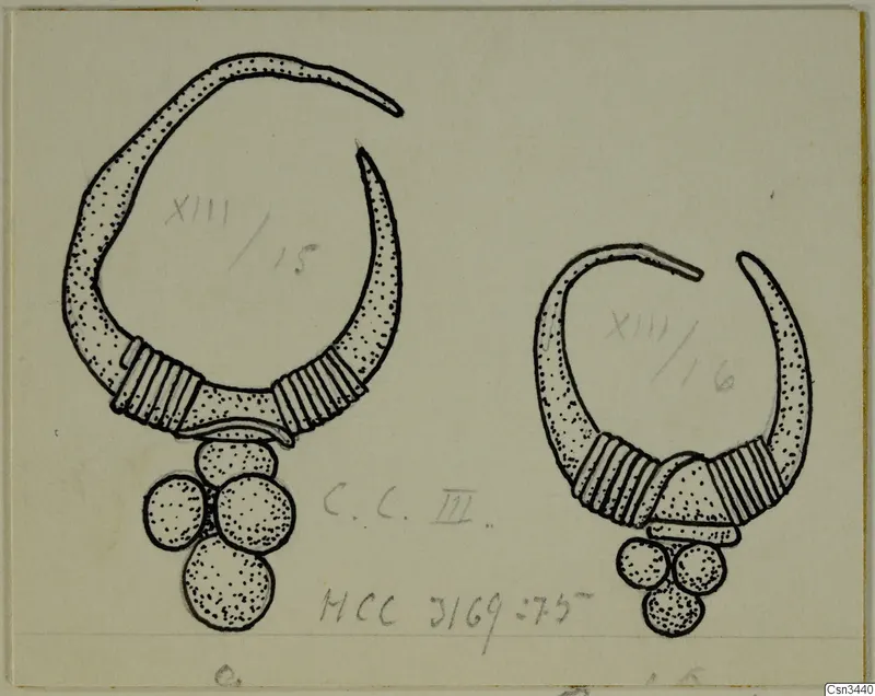 Ink drawing of two gold hoop jewellery pieces, each with a cluster of round pendants below