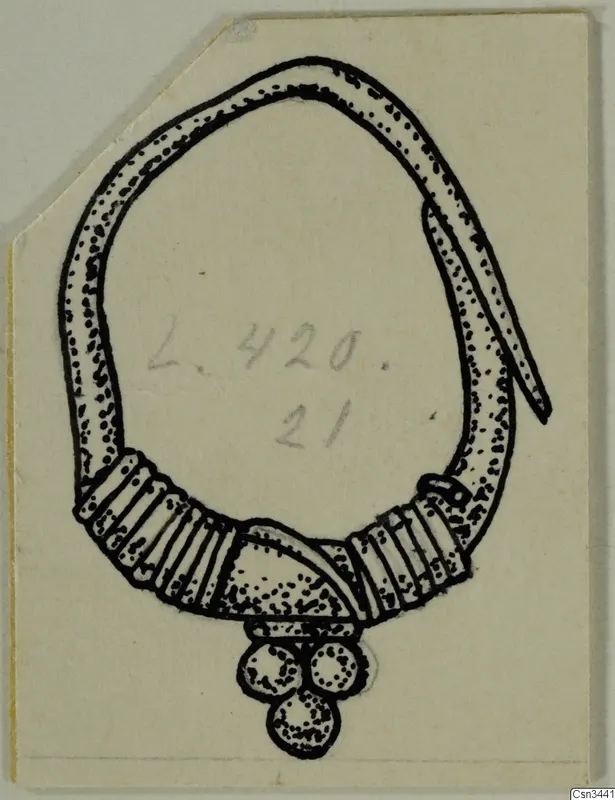 Ink drawing of a gold hoop with a ribbed section and three round pendants hanging below, from Lapithos Kastros tombs