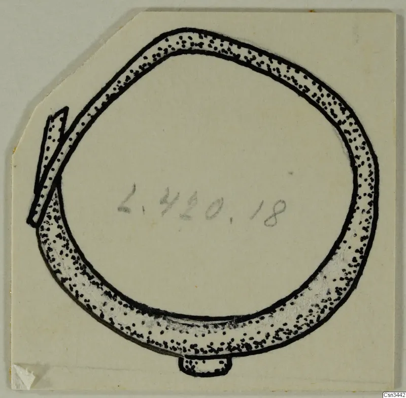 Field drawing of a ring with one end overlapping the other and a small tab projecting from its underside