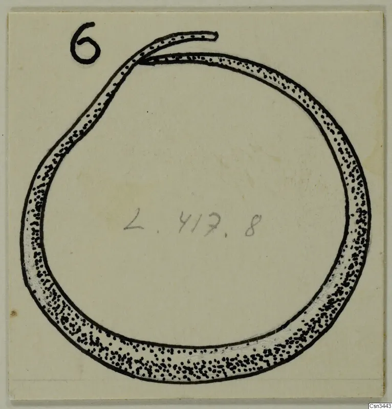 Drawing of a gold ring, a stippled hoop with one end overlapping the top