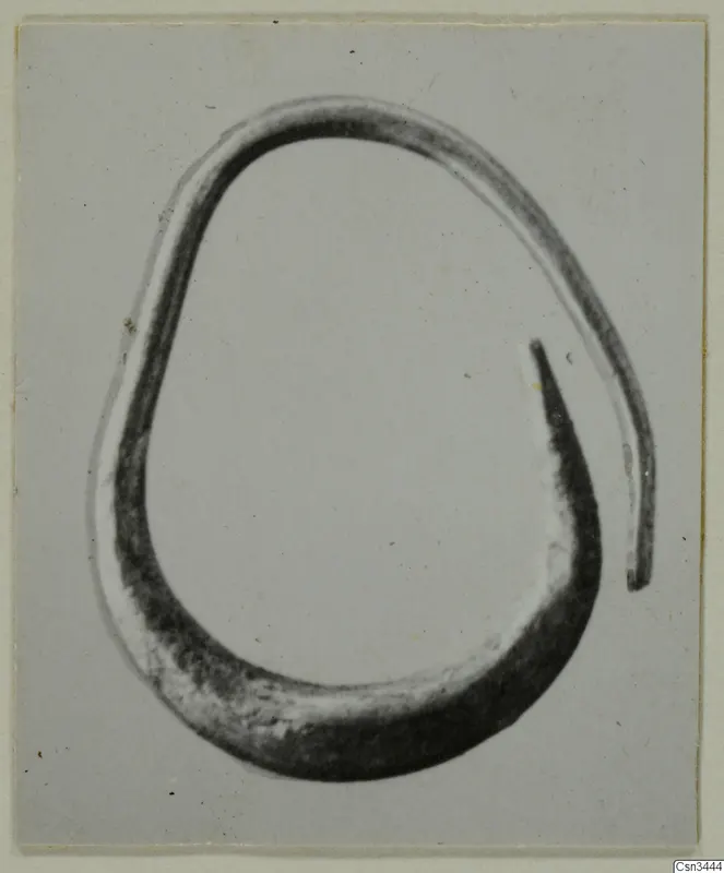 Single open metal ring, oval in outline, one end tapering to a point, photographed on a plain grey backdrop