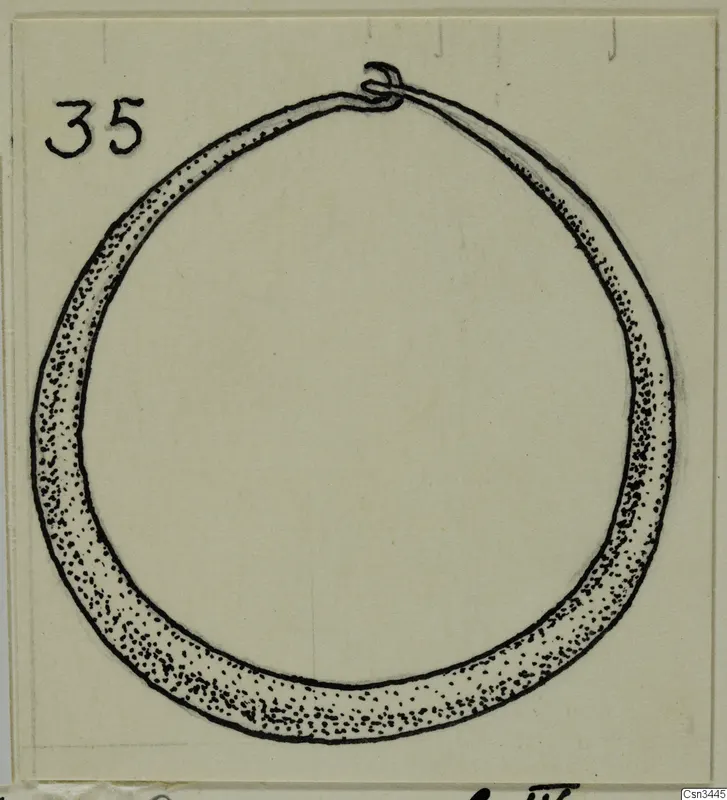 Drawing of a ring with a thick band, one end hooked over the other at the top