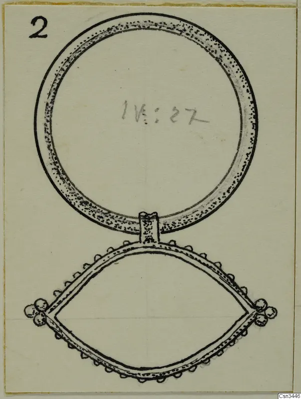 Drawing of a gold ring joined to a lens-shaped pendant with knobbed edges