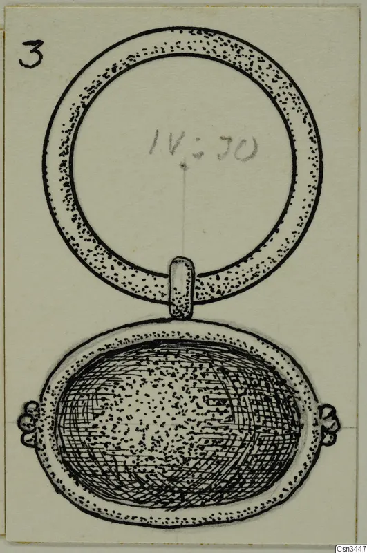 Field drawing of a gold ring joined to an oval pendant below it