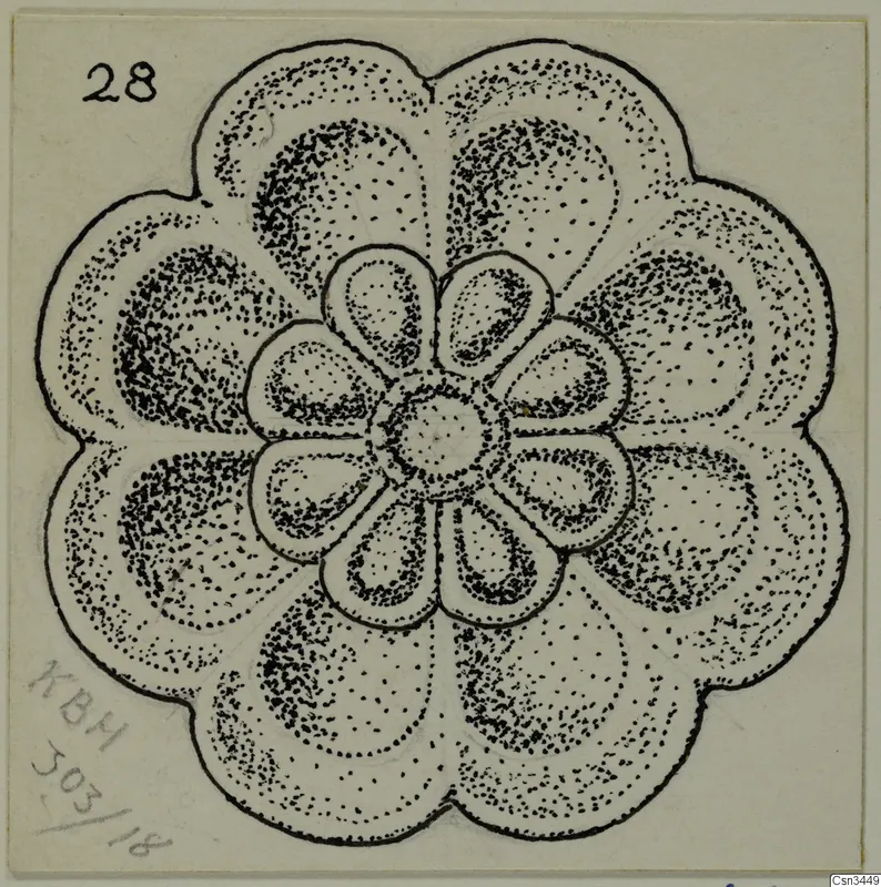Ink drawing of a rosette-shaped ornament with eight outer lobes and a central boss