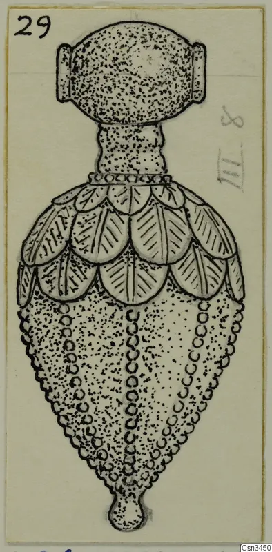 Drawing of a gold pendant with a domed cap, overlapping leaf-like scales on the upper body and a beaded lower body.