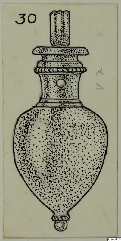 Pen drawing of a small gold flask-shaped pendant with a stopper-like top and a loop at the base