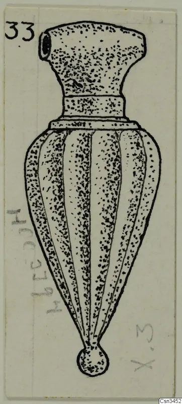 Drawing of a single ribbed, bottle-shaped pendant with a suspension hole at the top, numbered 33.