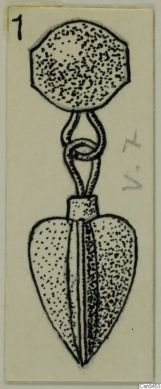 Ink drawing of a pendant with a disc-shaped top, a loop, and a leaf-shaped lower part with a central ridge.