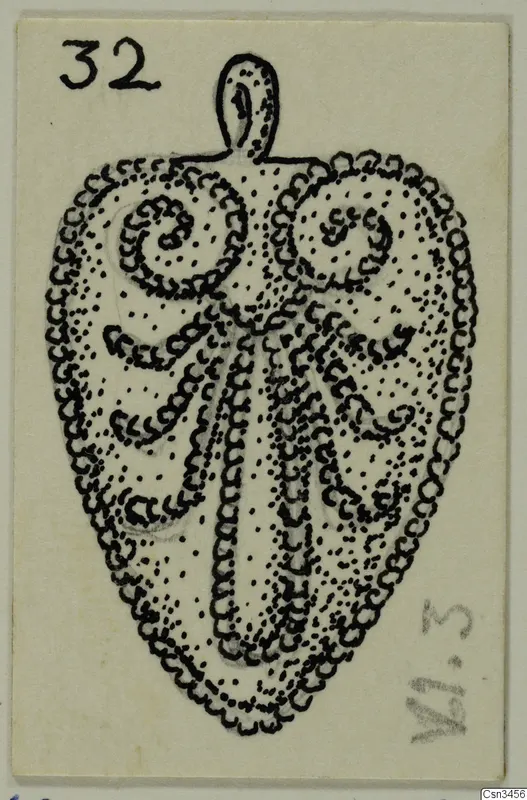 Field drawing of a gold pendant with a loop at the top, decorated with spirals and dotted patterns