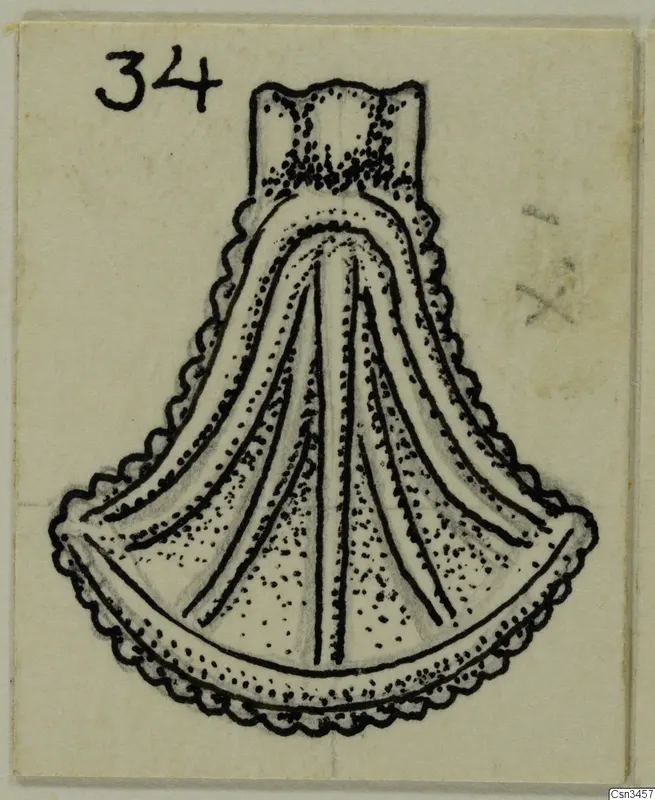 Drawing of a fan-shaped pendant with a short loop at the top and a scalloped edge, on a cream card