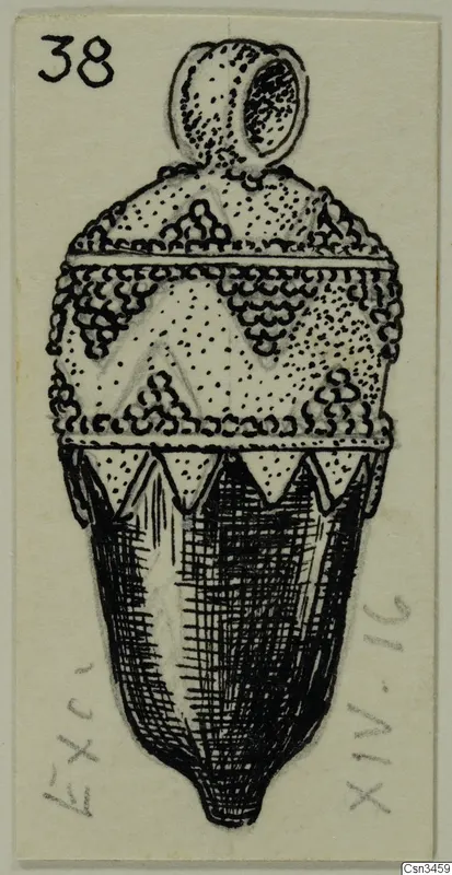 Ink drawing of a pendant with a loop at the top, dotted zigzag bands and a cross-hatched lower body