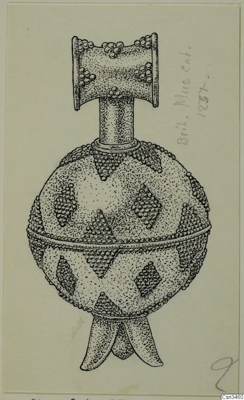 Ink drawing of a gold pendant with a round body, granulated diamond-shaped patterns and a flared top