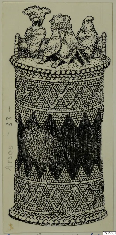 Ink drawing of a cylindrical lidded object from Arsos, with three figure-like knobs on the lid and bands of patterned decoration
