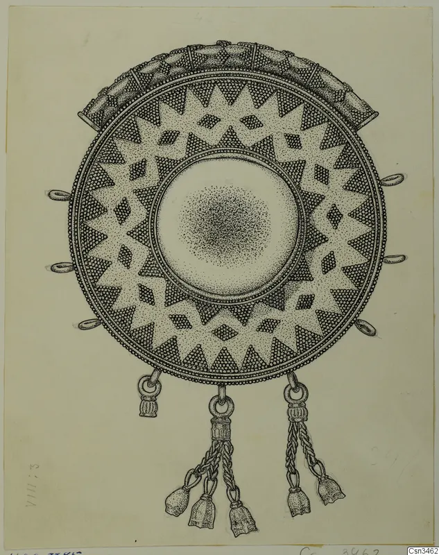 Ink drawing of a round gold pendant with a star pattern and hanging tassels