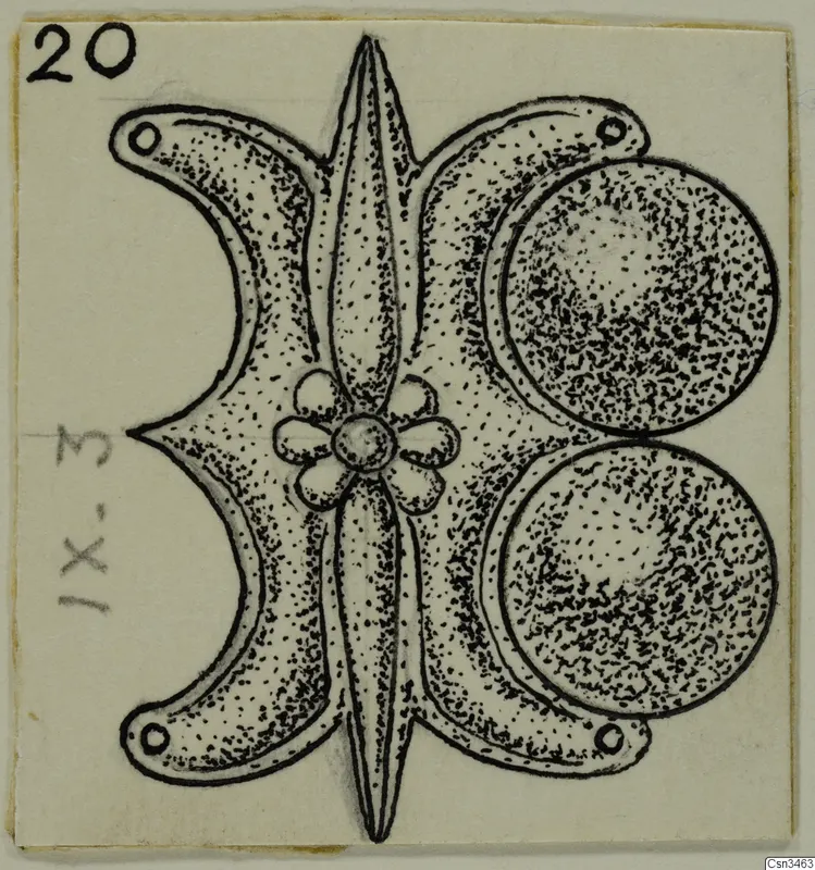 Ink drawing of a gold ornament with a central rosette, two crescent-shaped side pieces and two round discs
