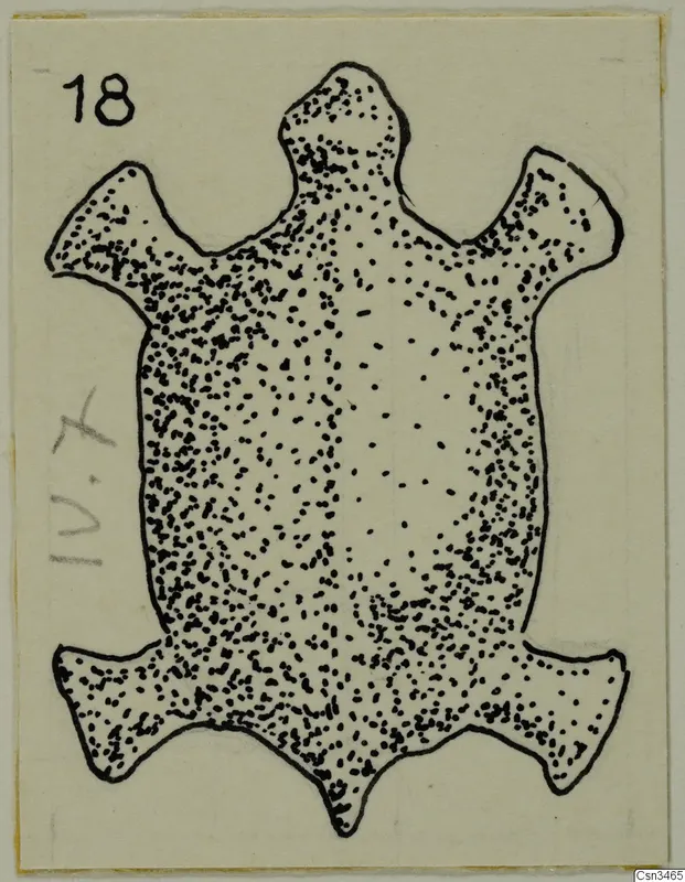 Field drawing of a flat, dot-filled object outline with a knob at the top and four projecting limbs.