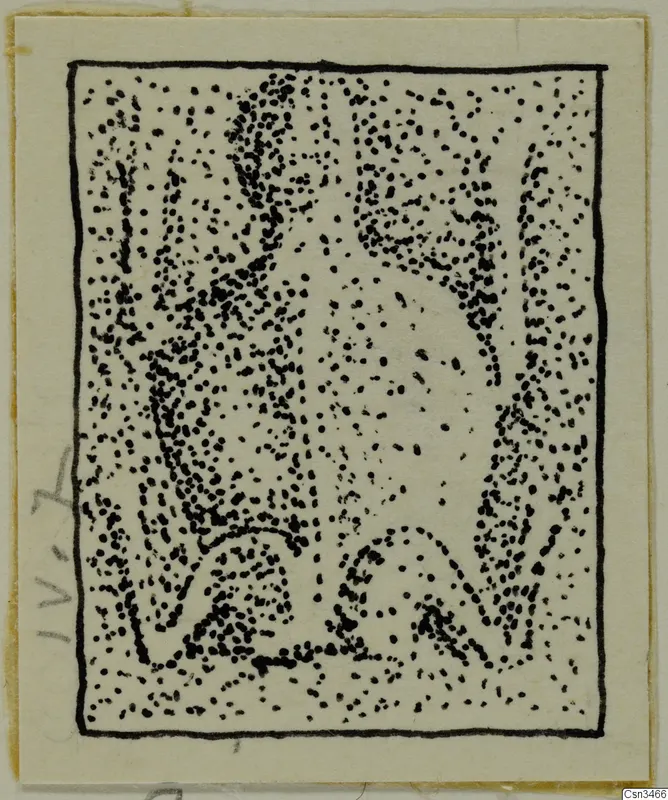 Stippled ink drawing of a find inside a black rectangular border, mounted on a cream card
