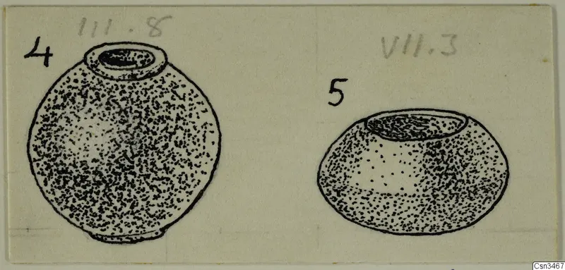 Field drawing of two stippled round vessels with wide mouths, each marked with a number label, on a card.