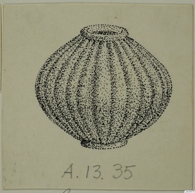 Stippled ink drawing of a round, ribbed vessel with a short flat rim, on a cream card