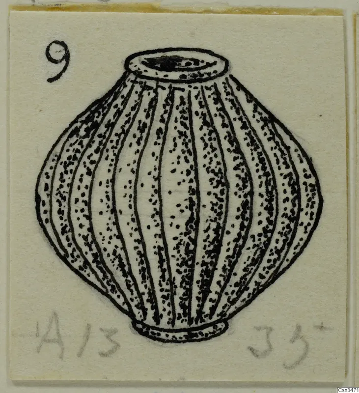 Drawing of a ribbed, globular vessel with a short wide neck and a ring foot, with a number label