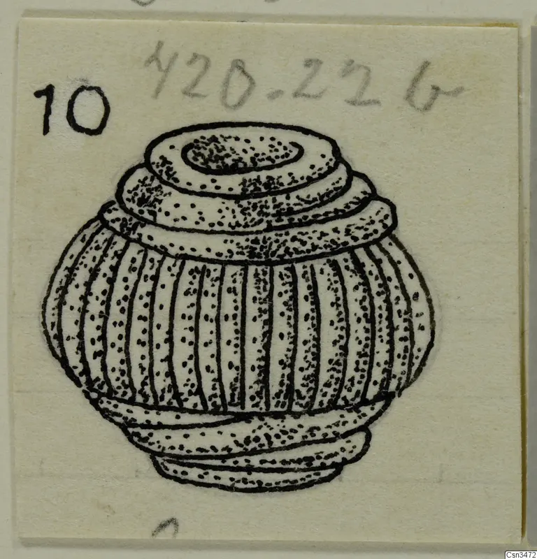 Field drawing of a ribbed bead from the Lapithos Kastros tombs, shown in ink line on a card