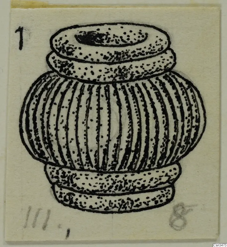 Ink drawing of a small ribbed object with wide collars at top and bottom