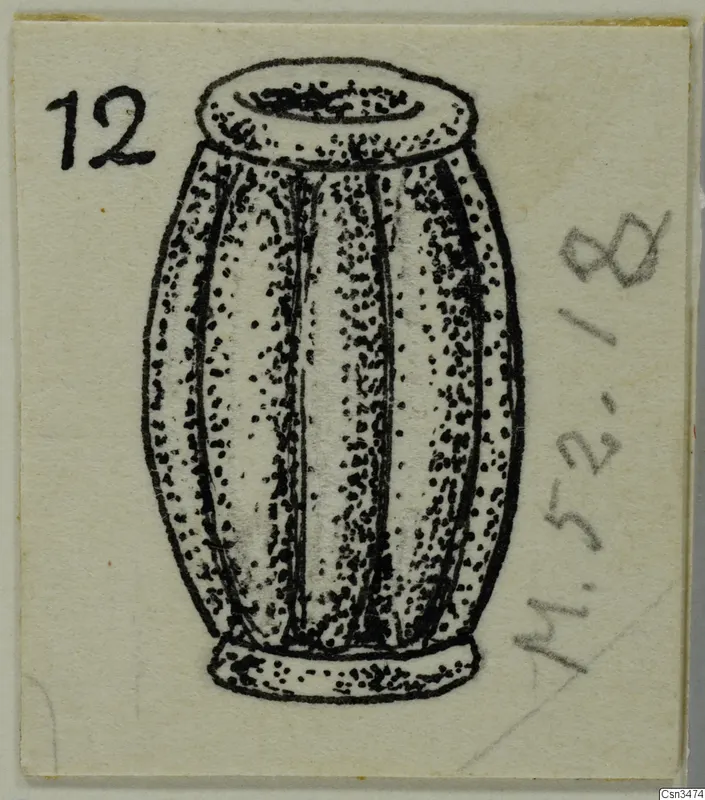 Ink drawing of a barrel-shaped bead with vertical ribs, a wide flat rim at the top and a narrower base.