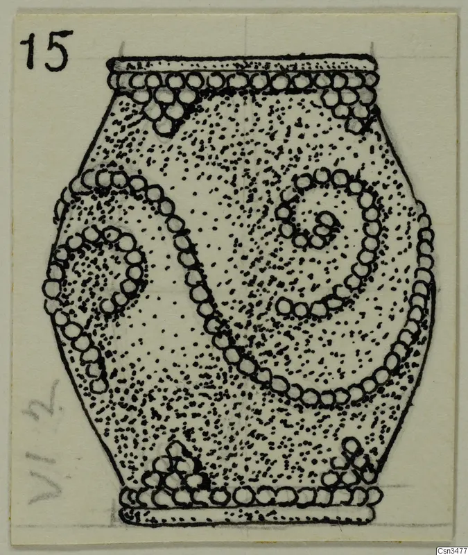 Ink drawing of a squat, barrel-shaped vessel with stippled body and rows of small circles in spiral and arc patterns