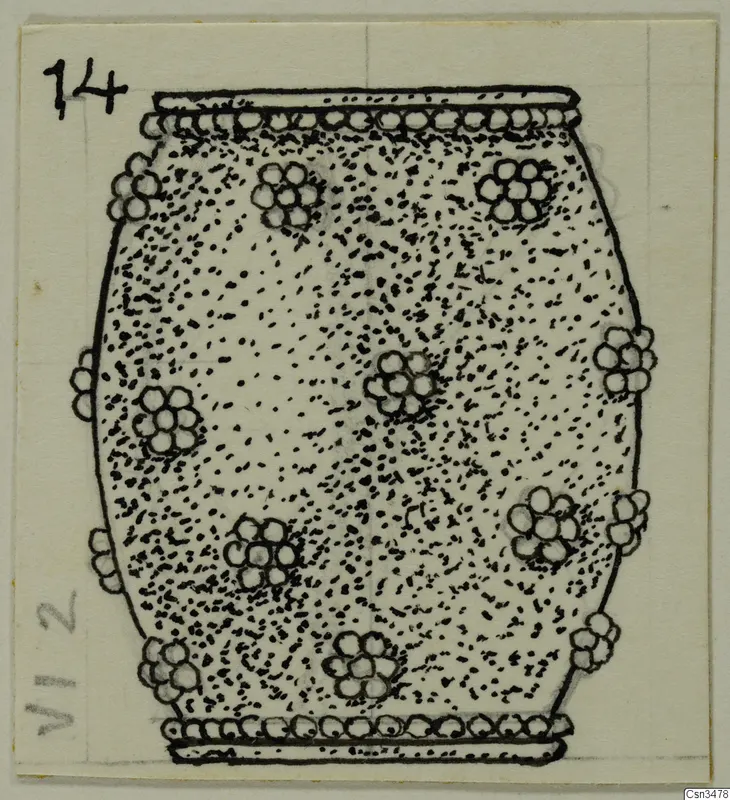 Ink drawing of a barrel-shaped vessel with a dotted surface and clusters of small circles