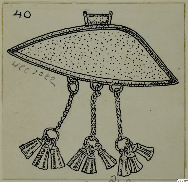 Ink drawing of a boat-shaped pendant with three twisted chains and tassel-like drops hanging from its lower edge