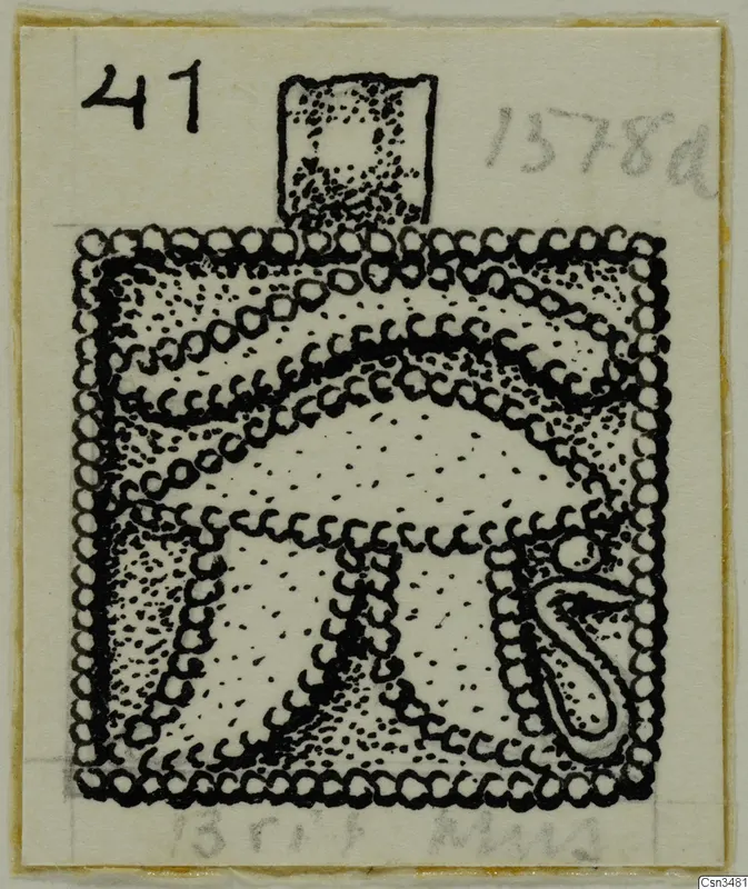 Pen drawing of a square pendant with a beaded border and a loop at the top