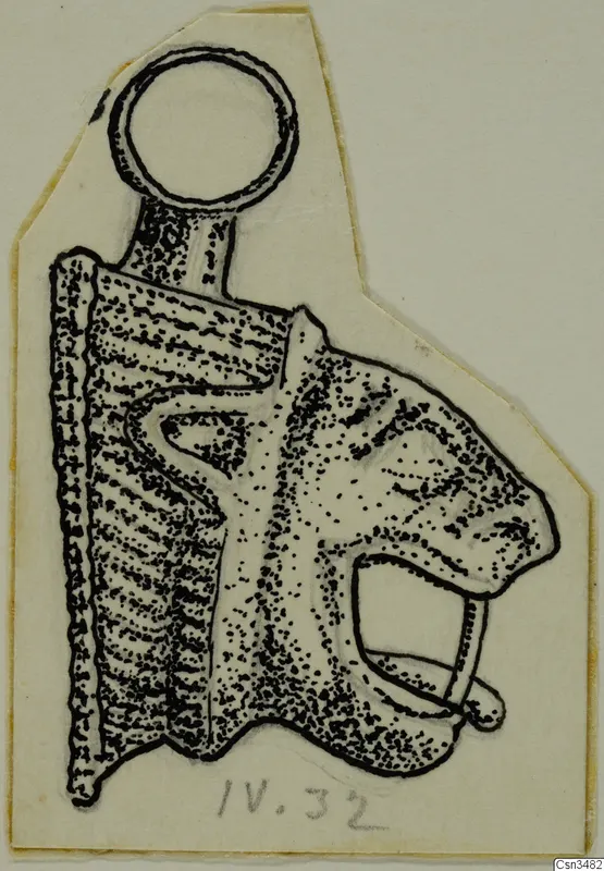Drawing of a gold pendant with a round suspension loop and a projecting head-like end