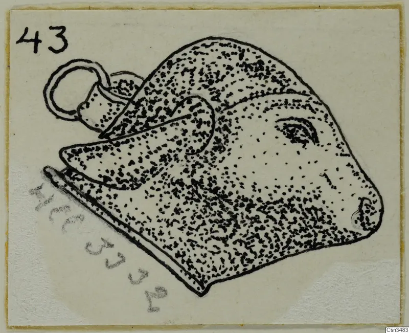 Field drawing of a pendant with a loop at the upper left, shaded with ink stipple dots