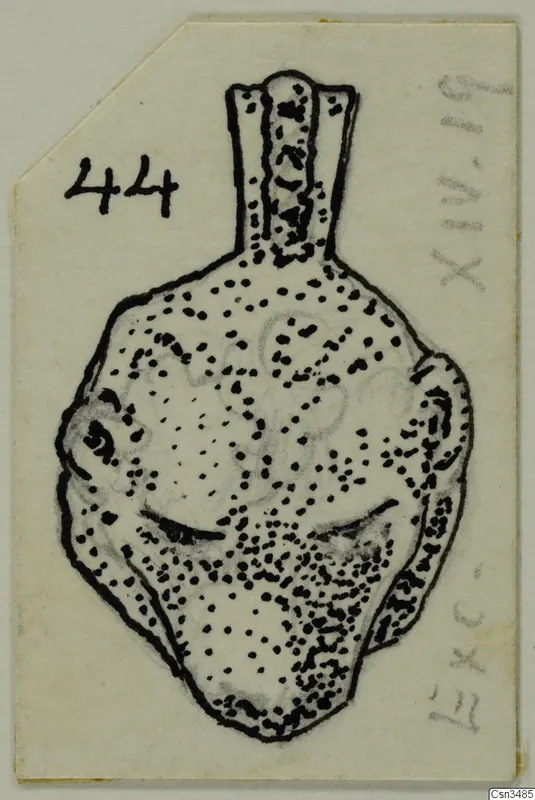 Ink and pencil drawing of a small object with a tall narrow neck and side loops, with a number label