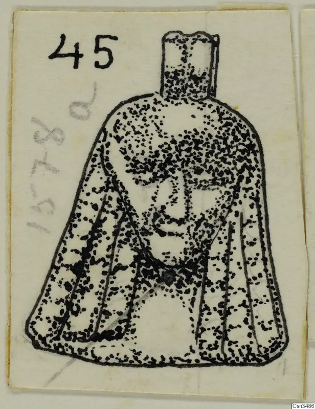 Stippled ink drawing of a small pendant-like object with a face on its rounded body and a tall cylindrical top.
